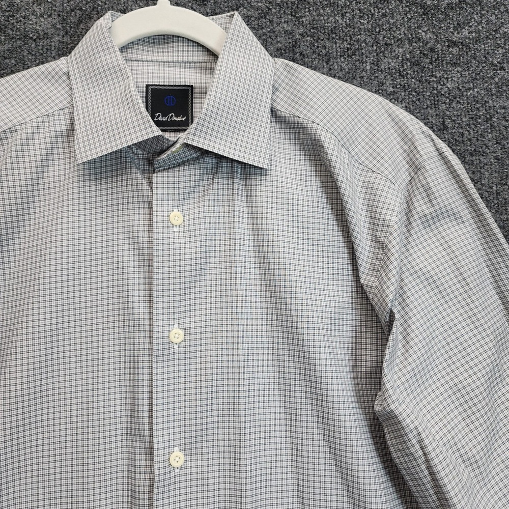 David Donahue Mens Gray Plaid Cotton Dress Shirt 16 34/35 Trim Fit Preppy Check